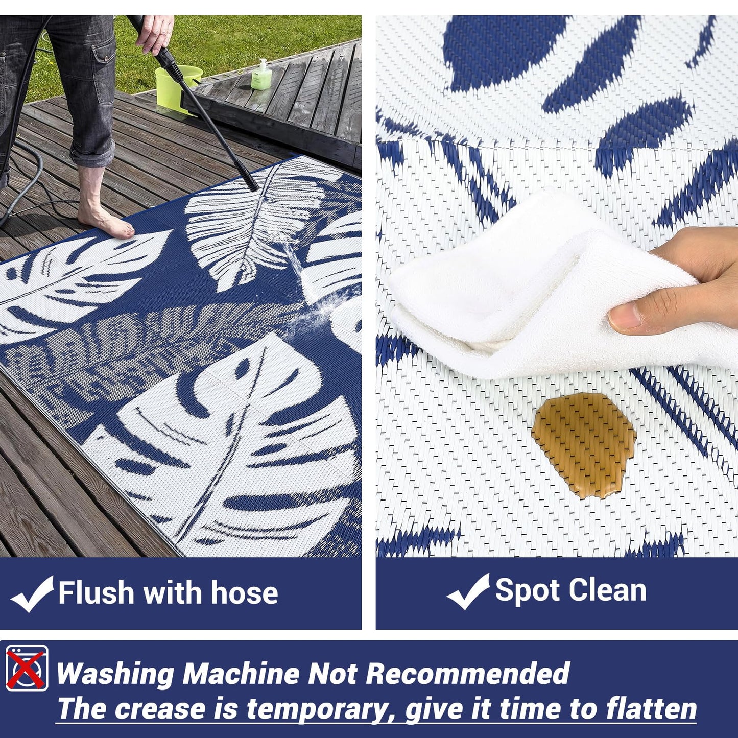 IDEALHOUSE Outdoor Rug 9x18 Ft, Waterproof Plastic Reversible Rug, Modern Leaf Pattern Plastic Camping Mat for Outdoors, RV, Patio, Backyard, Deck, Picnic, Beach, Traile(Dark Blue & White)