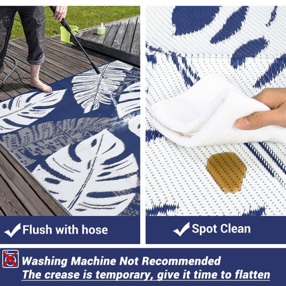IDEALHOUSE Outdoor Rug 9x18 Ft, Waterproof Plastic Reversible Rug, Modern Leaf Pattern Plastic Camping Mat for Outdoors, RV, Patio, Backyard, Deck, Picnic, Beach, Traile(Dark Blue & White)