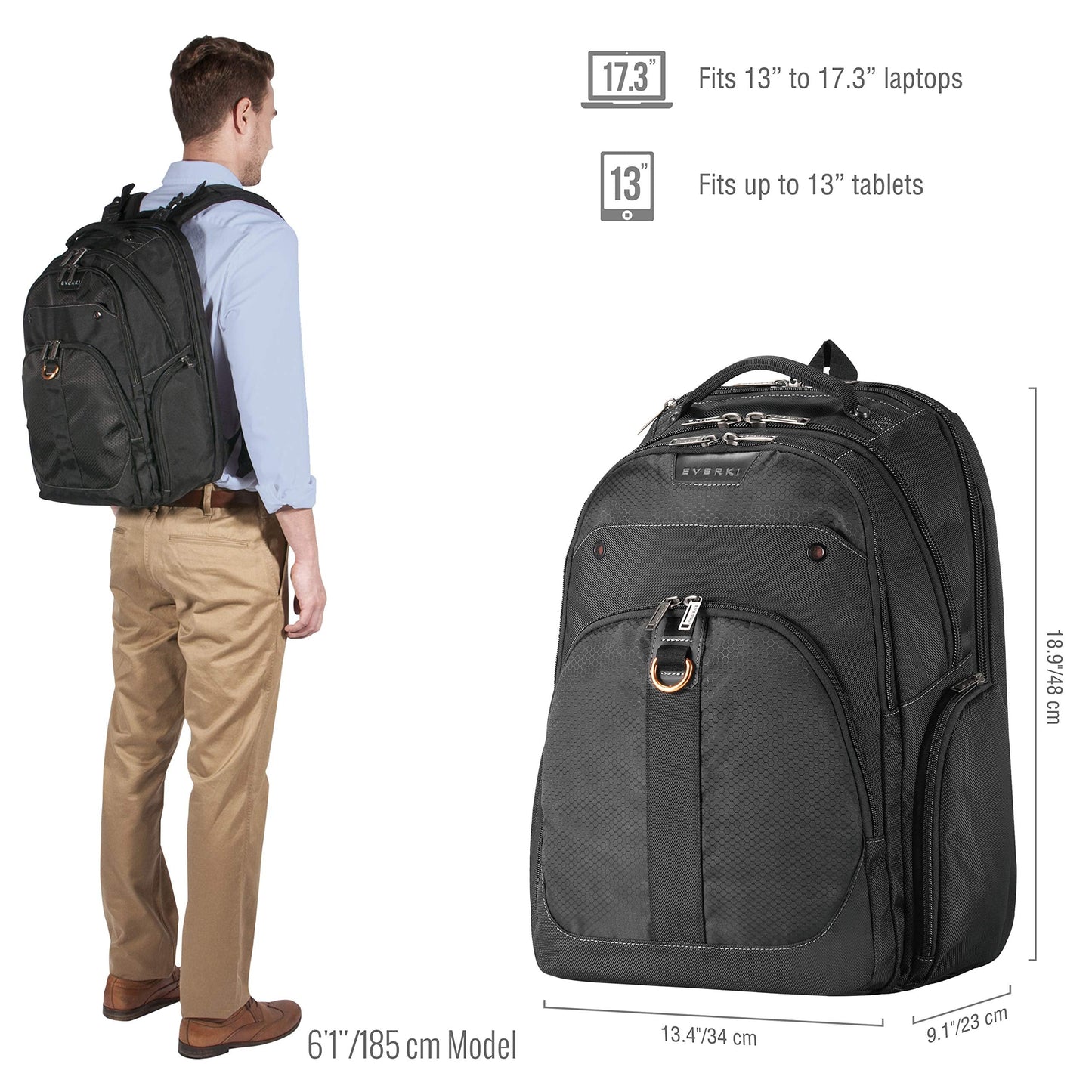 EVERKI Atlas Business Laptop Backpack (EKP121) with Black Rain Cover - Men's Backpack with 13"-17.3" Compartment, 32L Capacity - Travel-Friendly Backpack & Rain Cover Bundle