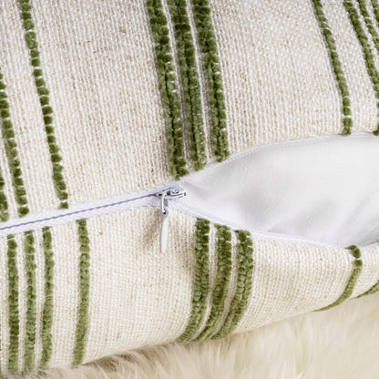 AELS 20x20 Decorative Farmhouse Linen Throw Pillow Covers, Beige with Olive Green Chenille Striped Pillow Case, Set of 2, Boho Textured Cushion Cover for Sofa Couch Living Room (Cover ONLY)
