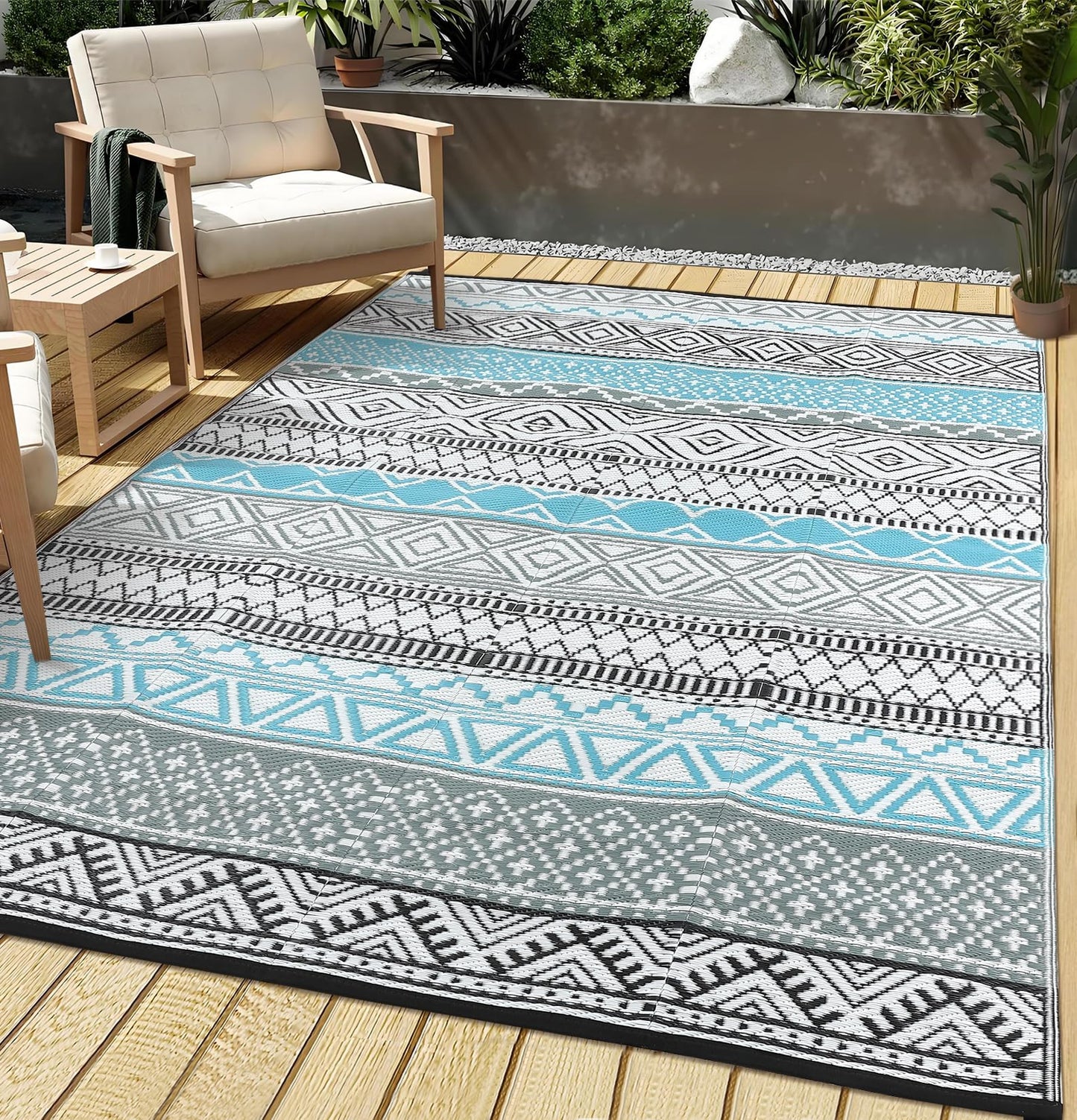 COZYLOOM Outdoor Rug for Patio 9x18 ft Waterproof Clearance, Reversible Indoor Outdoor Plastic Straw Camping Rug Carpet, RV Mat, Large Area Rug for Deck, Backyard, Balcony, Porch, Beach, Blue/Grey
