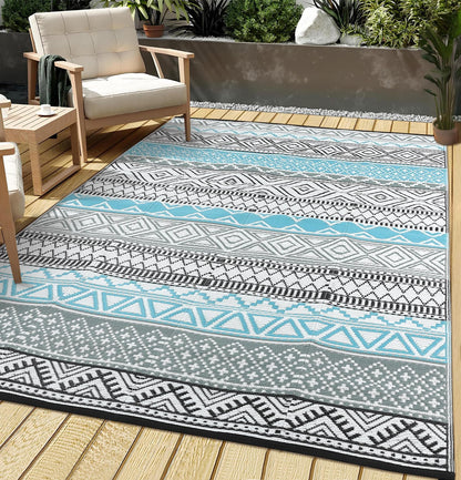 COZYLOOM Outdoor Rug for Patio 9x18 ft Waterproof Clearance, Reversible Indoor Outdoor Plastic Straw Camping Rug Carpet, RV Mat, Large Area Rug for Deck, Backyard, Balcony, Porch, Beach, Blue/Grey