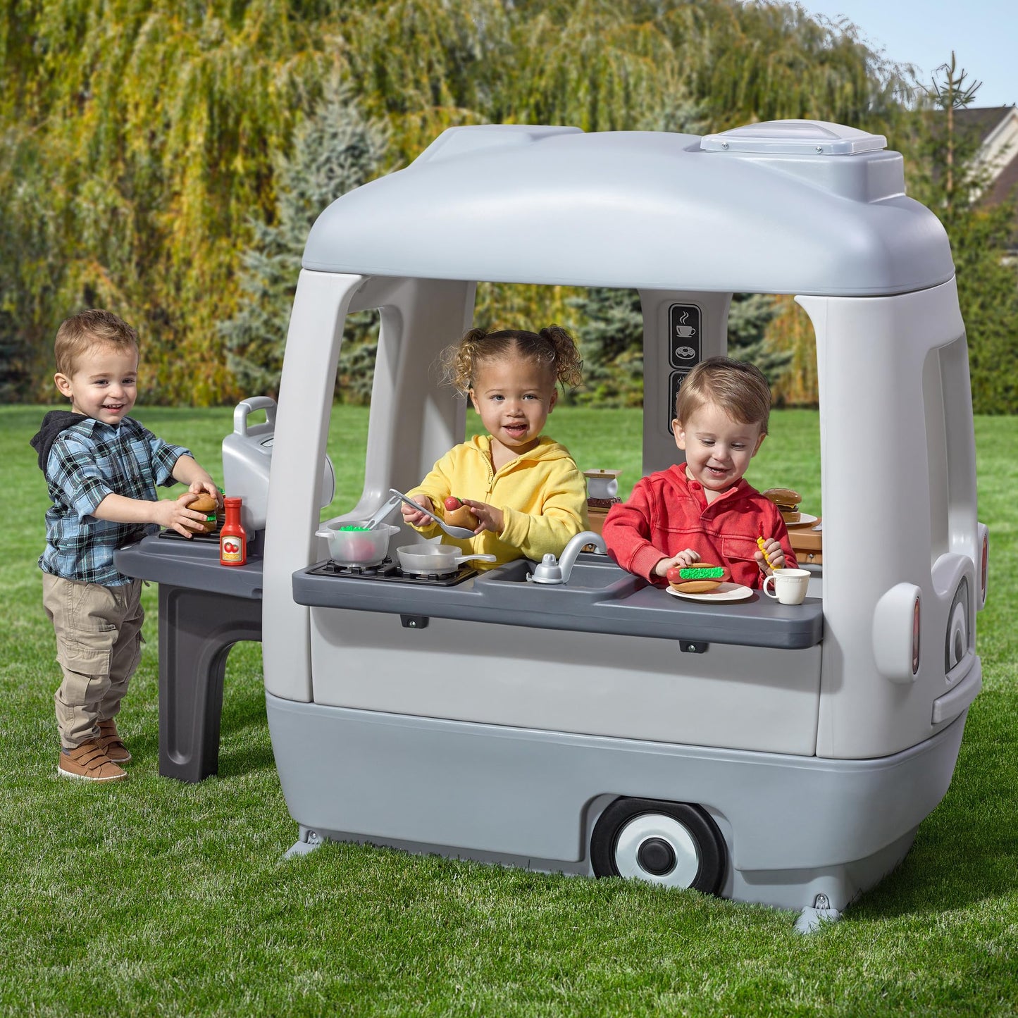 Step2 Adventure Camper Kids Playhouse, Indoor/Outdoor Playset with Kitchenette, Interactive Doorbell Sounds, 52-Piece Toy Accessories, Durable Plastic, For Toddlers 2+ Years