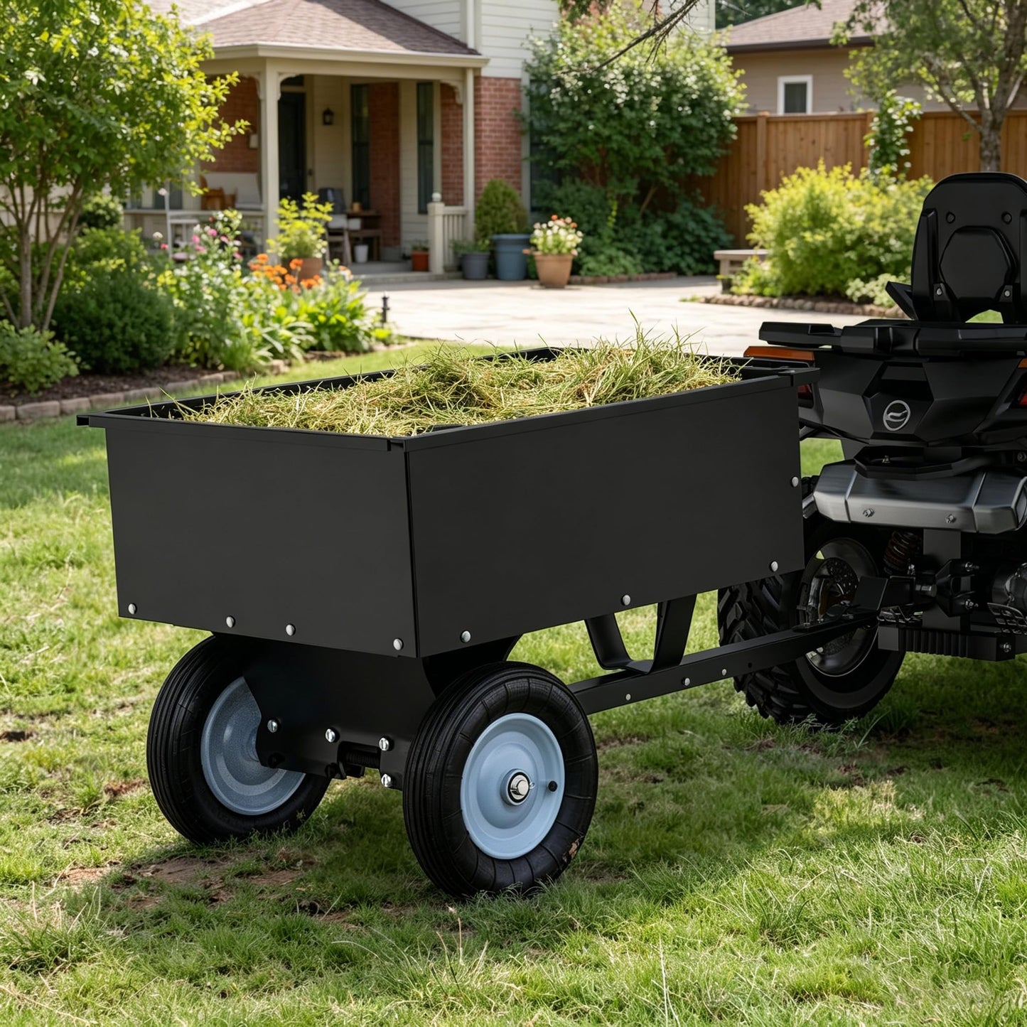YINTATECH ATV Trailer Steel Dump Cart, Heavy Duty Pull Behind Dump Trailer with Removable Tailgate, Yard Garden Utility Trailer for Lawn Mower Trailer Tractor, 350lbs Capacity, Black