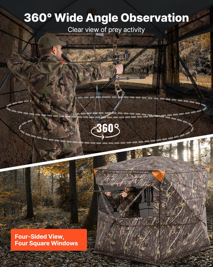 VEVOR Hunting Blind，See Through Ground Blinds with Carrying Bag, 360 Degree Portable Camouflage Tent，Durable Concealed Shelter with Silent Side Door and Window, for Turkey and Deer (4-5 Person)