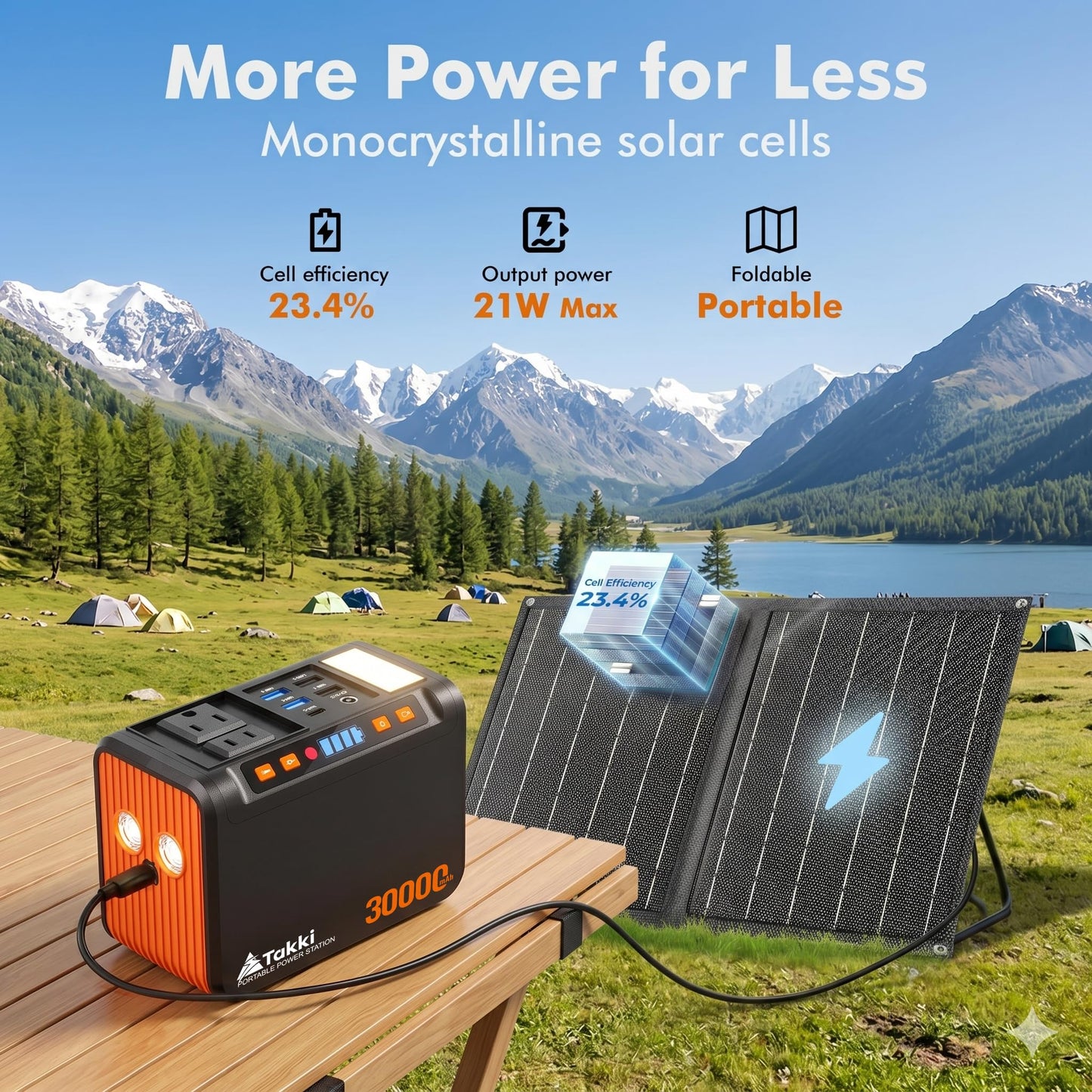 Takki 111Wh Portable Solar Generator Power Station with 21W Foldable Solar Panel, 120W Peak Solar Charger Power Bank with 110V AC DC USB Ports for Camping Emergency Outdoor Home Use