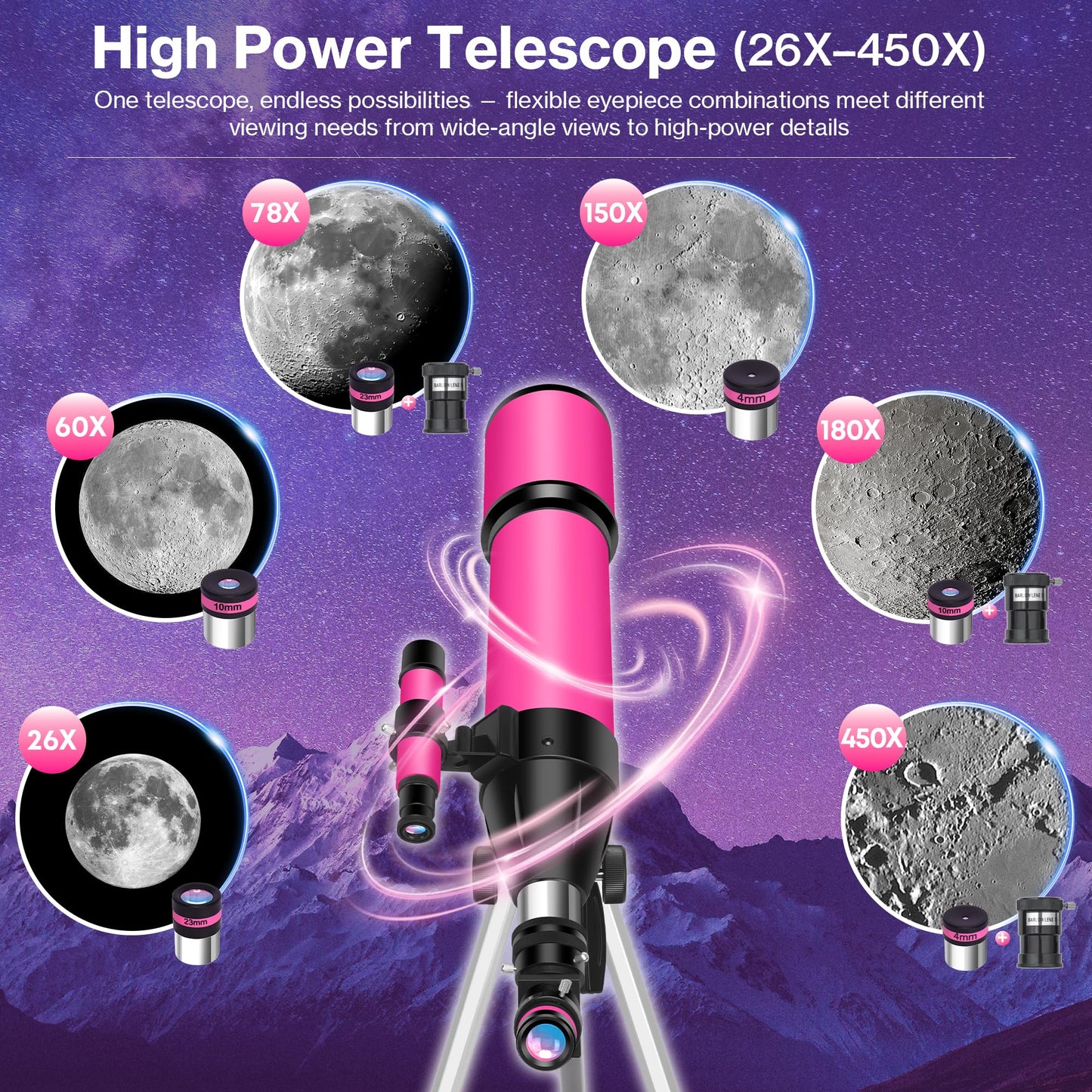 Telescope for Adults High Powered, 80mm Aperture 600mm Telescopes for Astronomy Adults&Kids&Beginners, Portable Travel Refractor Telescope with Tripod&Phone Adapter&Bag for Ground&Moon Viewing, Pink
