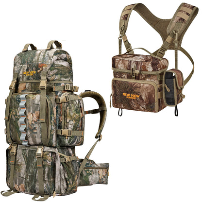 NEW VIEW 80L Hunting Backpack with Waterproof Rain Cover & Binocular Straps Harness Chest Pack with Detachable Rangefinder Pouch
