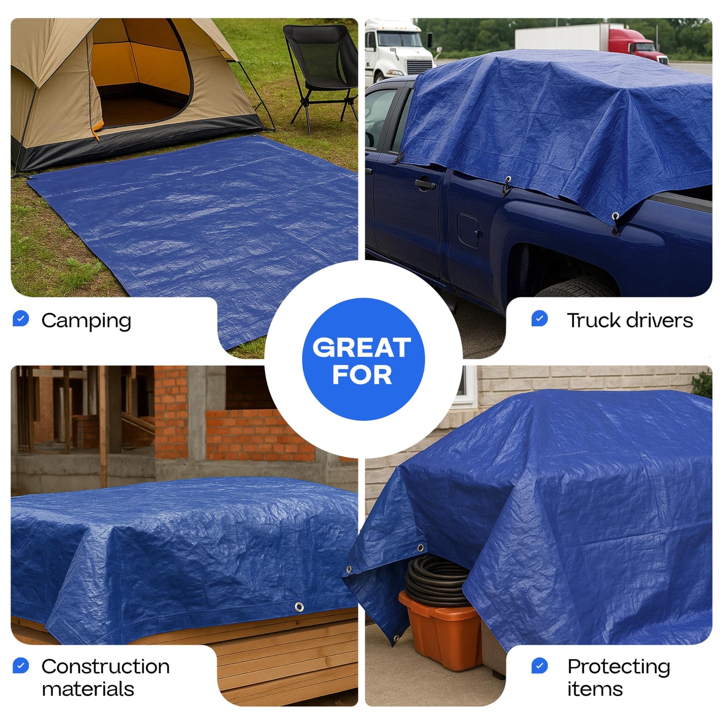Blue Tarps Waterproof 8'x10', Pack of 8 - USA-Made 3.5 mil Thick Camping Tarp for Car, Boat & Storage Cover - Heavy-Duty Poly Tarpaulin with Grommets for Indoor and Outdoor Protection by IDL Packaging