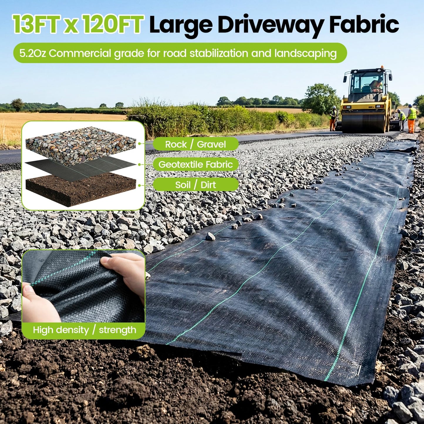 13x120ft Driveway Fabric, 5.2OZ Commercial Weed Barrier Fabric Heavy Duty Landscape Fabric, Weed Fabric, Weed Blocker Fabric for Garden Weed Barrier, Road Fabric Construction Project, Erosion Control