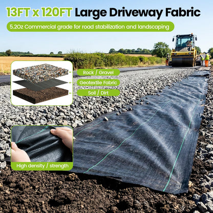 13x120ft Driveway Fabric, 5.2OZ Commercial Weed Barrier Fabric Heavy Duty Landscape Fabric, Weed Fabric, Weed Blocker Fabric for Garden Weed Barrier, Road Fabric Construction Project, Erosion Control