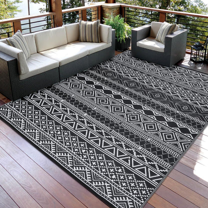 COZYLOOM Outdoor Rug 10' x 20' Waterproof for Patios Clearance, Reversible Outdoor Plastic Straw Camping Rug Carpet, Large Rugs Mats for RV, Camper, Deck, Balcony, Porch, Beach, Picnic,Black & White