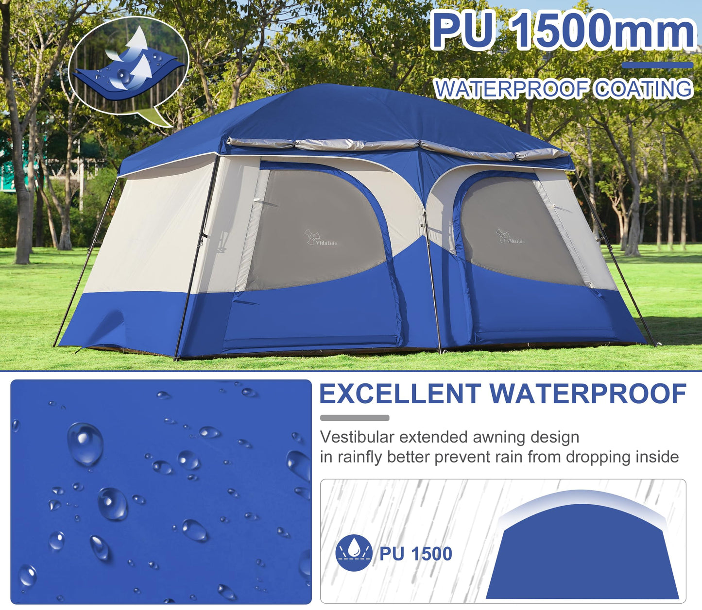 Vidalido Tents，8-10 Person Camping Tent with Extended Vestibule，2 Room Weather Resistant Family Tents，Easy Install Waterproof Outdoor Tent for Camping Hiking（Blue）