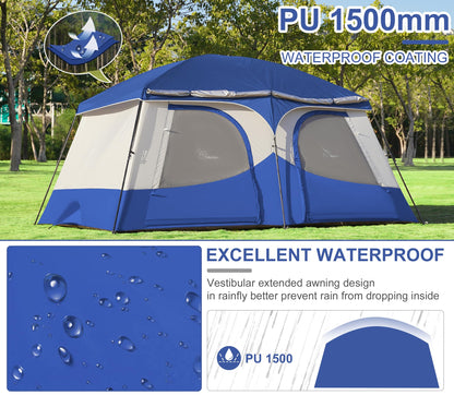 Vidalido Tents，8-10 Person Camping Tent with Extended Vestibule，2 Room Weather Resistant Family Tents，Easy Install Waterproof Outdoor Tent for Camping Hiking（Blue）