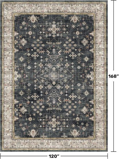 Boho Black Rug - Washable 10x14 Area Rug for Living Room & Dining Room | Soft Low Pile, Non-Slip & Stain Resistant