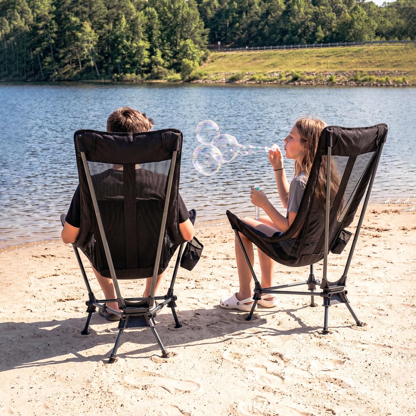 ARURU Hammock Camping Chair, Lightweight Folding Beach Lounge Chair with Adjustable Height Legs, Mesh Portable Swing Camp Chair with Cushioned Head Pillow & Armrests for Camping Beach Hiking