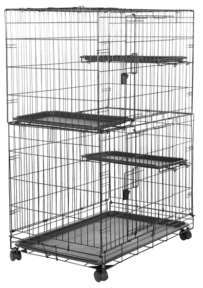 Amazon Basics Large 3-Tier Cat Cage Playpen with Easy to Clean Removable Tray, Front Doors, Portable, Foldable, 35.8" x 22.4" x 50.6", Black