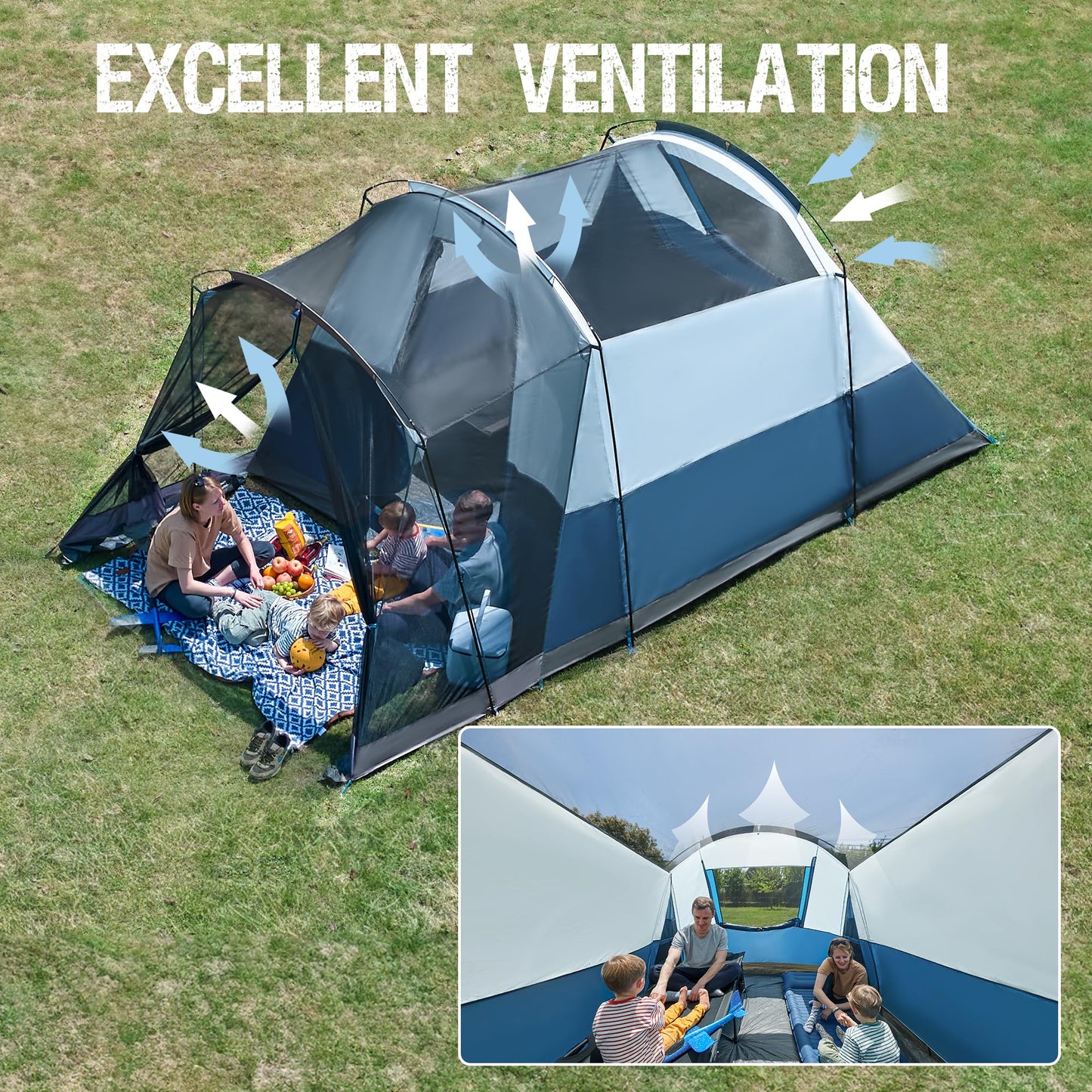 Portal 6 Person Instant Camping Tent with Screen Porch, Easy Set-up Waterproof Large Tunnel Tent, PFAS-Free Family Outdoor Big Tents for Camping, Backyard