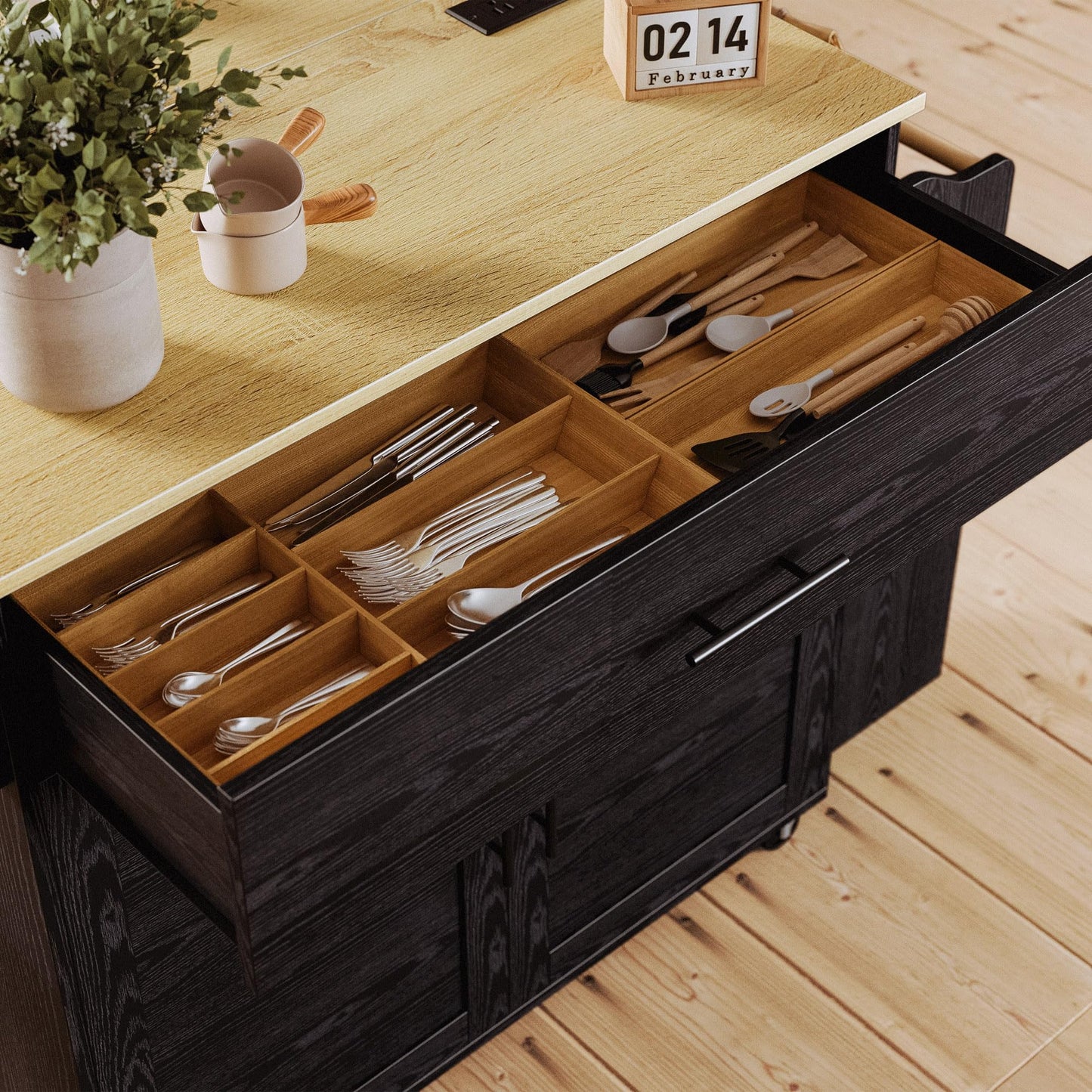 IRONCK Kitchen Island with Storage, Rolling Kitchen Island on Wheels with Drop Leaf, Charging Station, 3 Open Spice Rack, Cabinet, Drawer, Kitchen Cart Island Table for Kitchen, Black