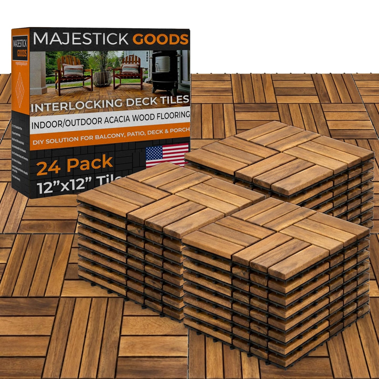 Majestick Goods Interlocking Slat Deck Tiles, Acacia Wood Interlocking Deck Tiles - Easy Installation for Patio Flooring & Walkways with Raised Base Drainage, 12 x 12 x 0.9 Inch (24 Count)