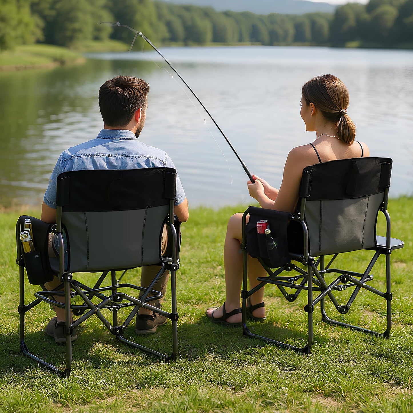 GarveeLife 2 Pack Oversized Directors Camping Chair, Portable Folding Chair for Adults Support 400 lbs, Heavy Duty Lawn Chair with Side Table, for Camping, Sports, Picnic, Beach, Fishing, Black