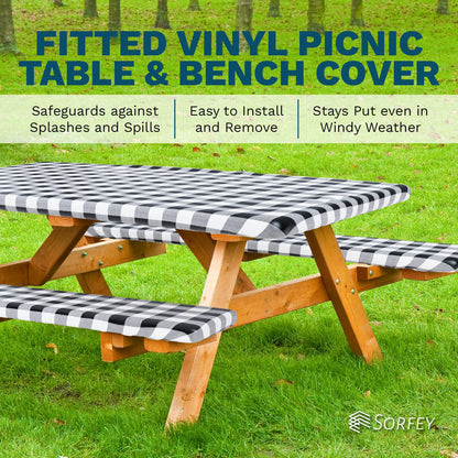 Sorfey Picnic Table Cover with Bench Covers -Fitted with Elastic, Vinyl with Flannel Back, Fits for Table 28"x 72" Rectangle,Water Proof, Checked Red Design