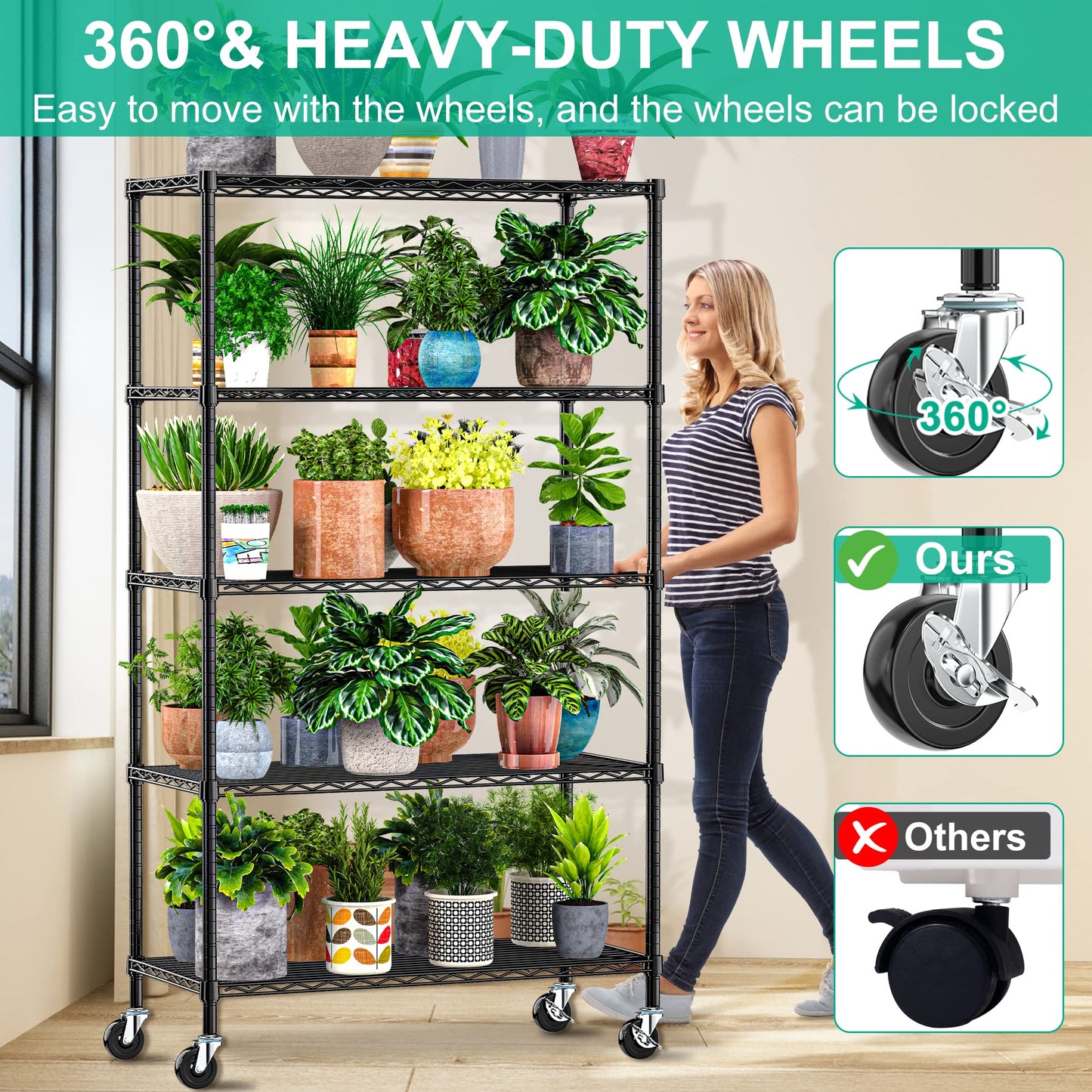 Folews 5 Tier Storage Shelves with Shelf Liner, Metal Shelves for Storage Adjustable Wire Shelving Unit Storage Shelf Organizer for Kitchen Pantry