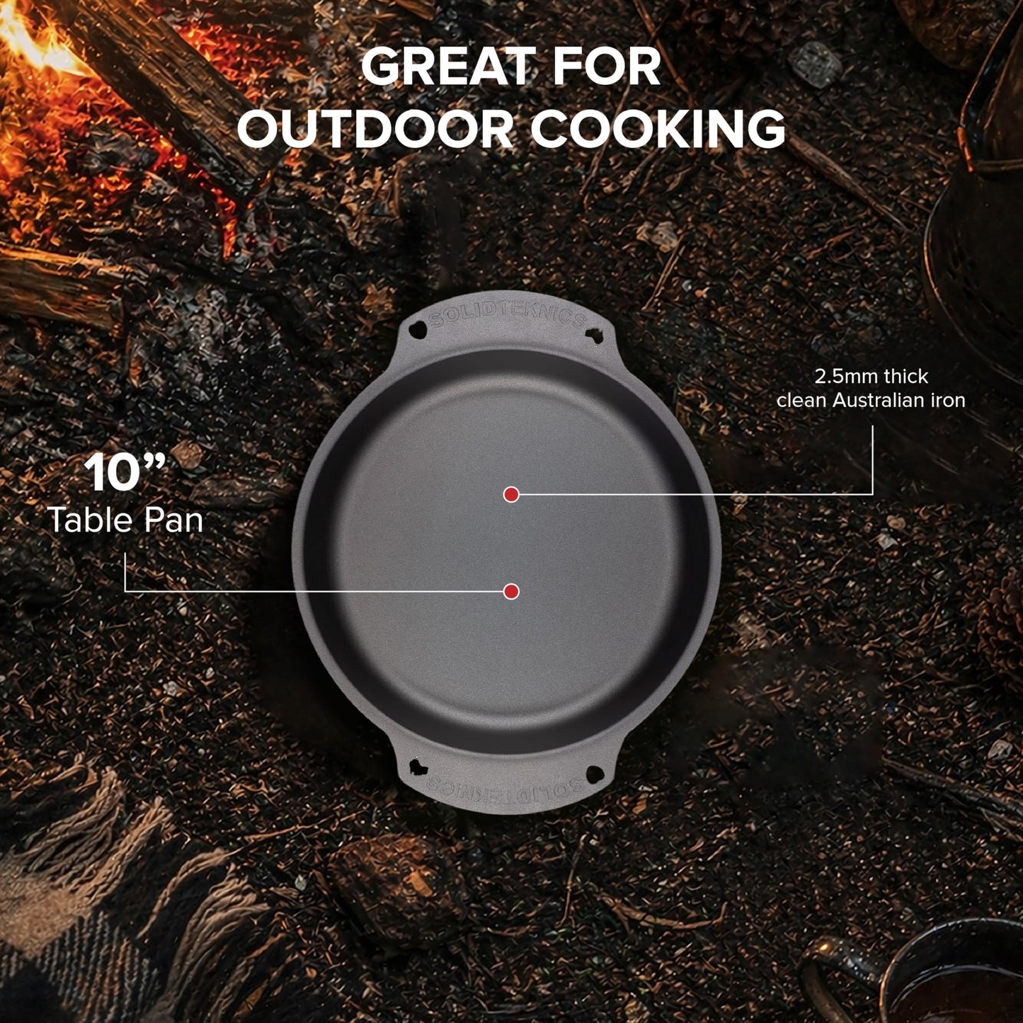 SOLIDTEKNICS 10" Naturally Seasoned Australian Iron Skillet – Lightweight Durable Outdoor Frying Pan for Camping, Grill, Smoker, Fire Pit & Campfire Cooking Portable Cookware for All Adventures
