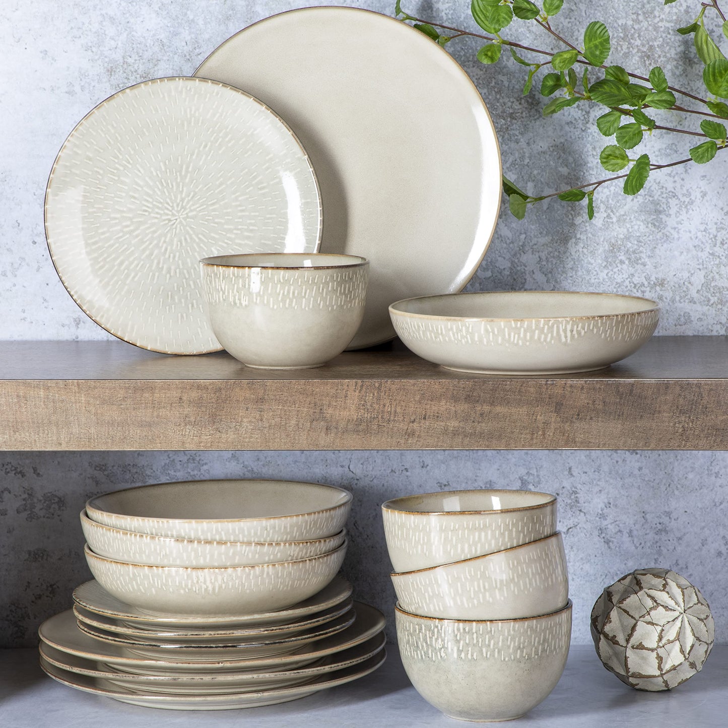 Gibson Elite Matisse Double Bowl Dinnerware Set, Service for 4 (16pcs), Taupe