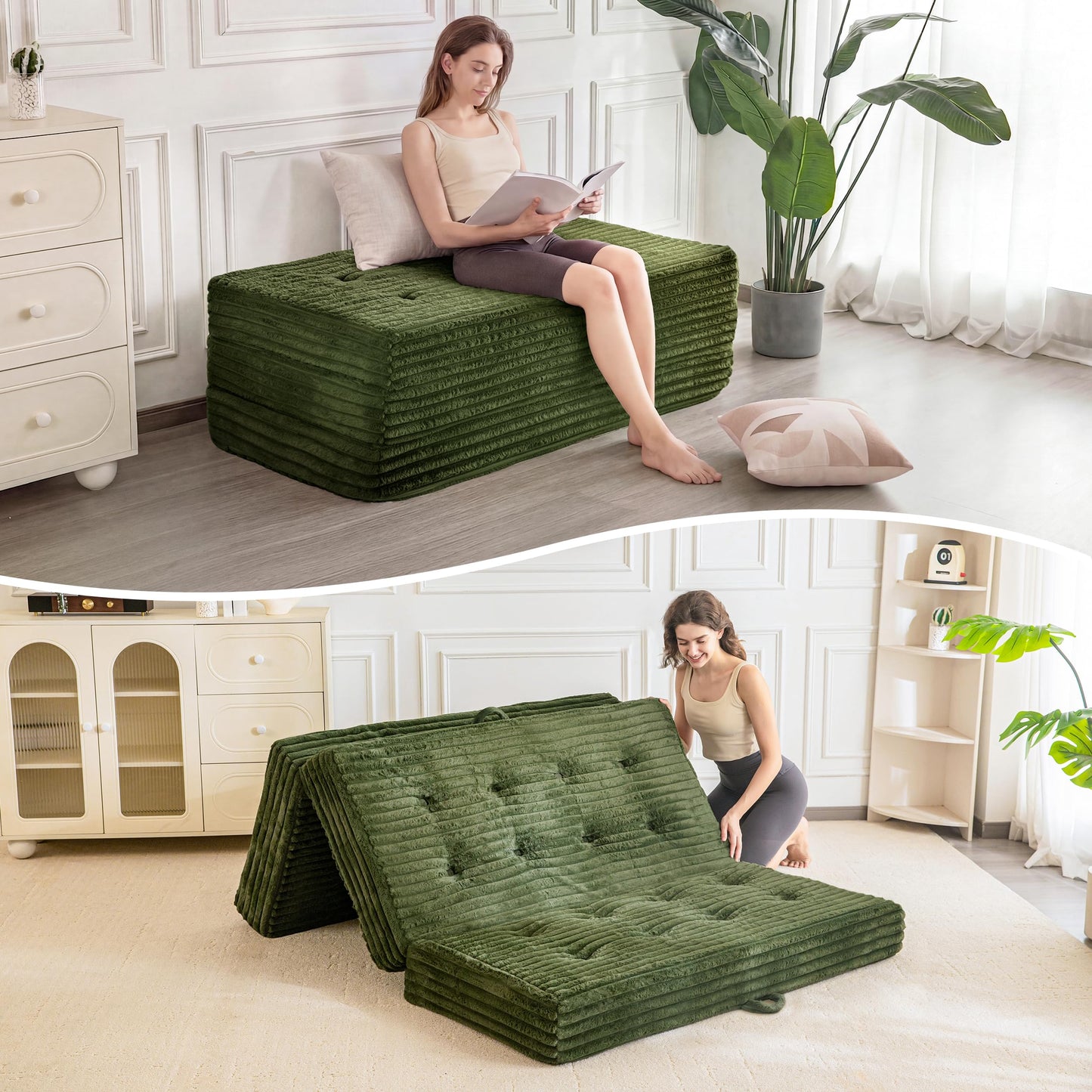 MAXYOYO Floor Sofa Couch, 6 Inch Tri-Fold Floor Sofa Bed, Folding Couch with Handles, Soft Faux Fur Folding Bed with Supportive Foam Filling, Portable Sofa for Living Room, Full, Dark Green