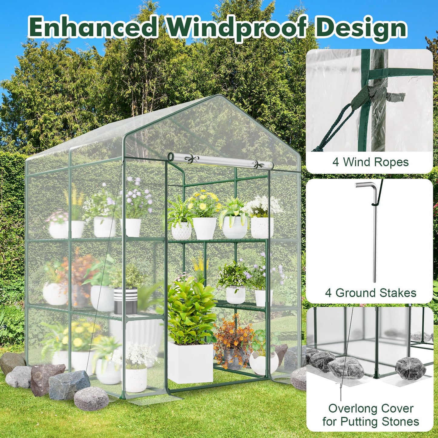 Happygrill Greenhouse, Portable Greenhouses for Outdoors w/8 Shelves, Roll-Up Zippered Door, 2 Observation Windows & 2 Tiers, Weather-Proof PE Cover, Wind Rope (Transparent, 55” x 57” x 77”)