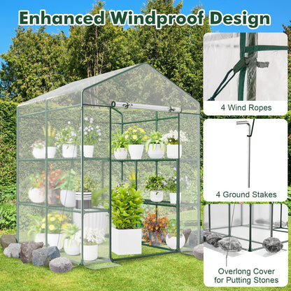 Happygrill Greenhouse, Portable Greenhouses for Outdoors w/8 Shelves, Roll-Up Zippered Door, 2 Observation Windows & 2 Tiers, Weather-Proof PE Cover, Wind Rope (Transparent, 55” x 57” x 77”)