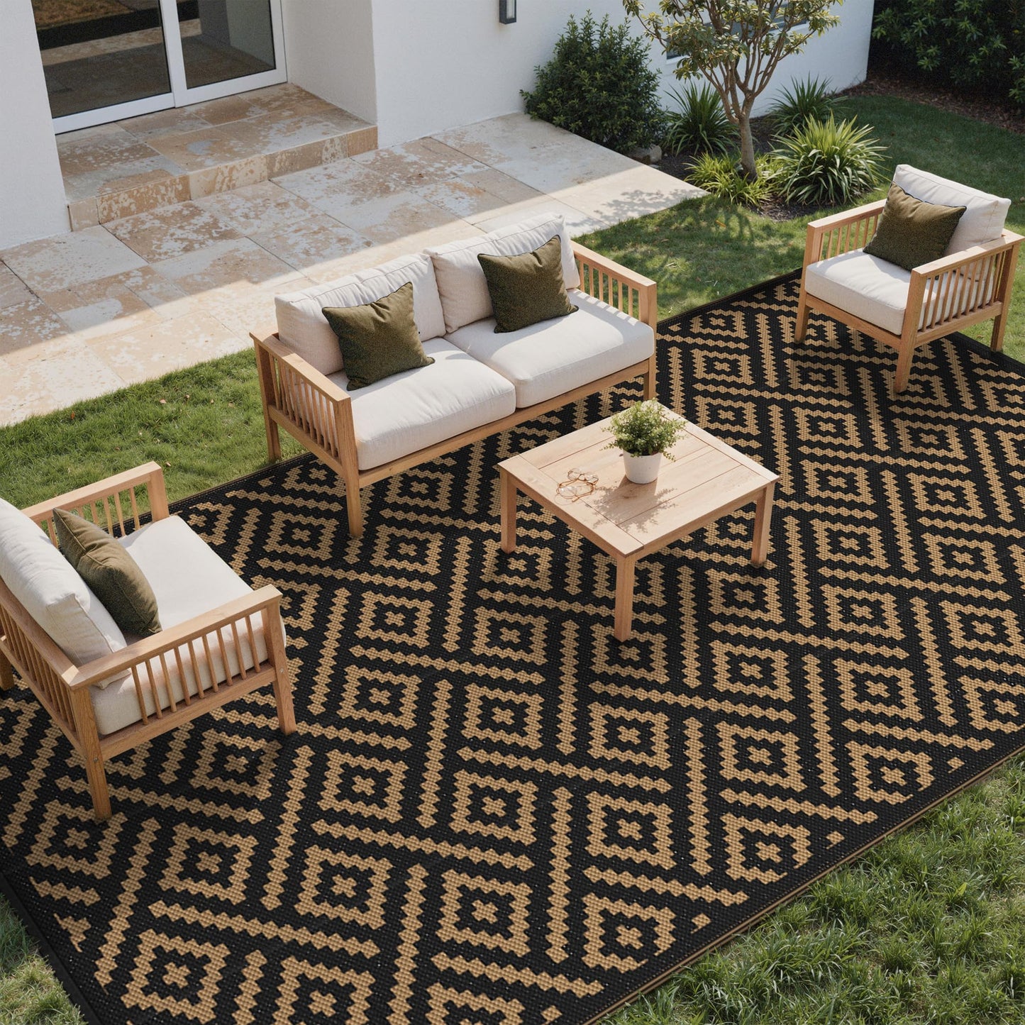 sarben Outdoor Rug for Patio - Waterproof Plastic Straw Camping Rugs 8x16 ft, Reversible Outdoor Indoor RV Mat Carpet for Patio, Porch, Deck, Balcony, Picnic, Beach, Black Brown
