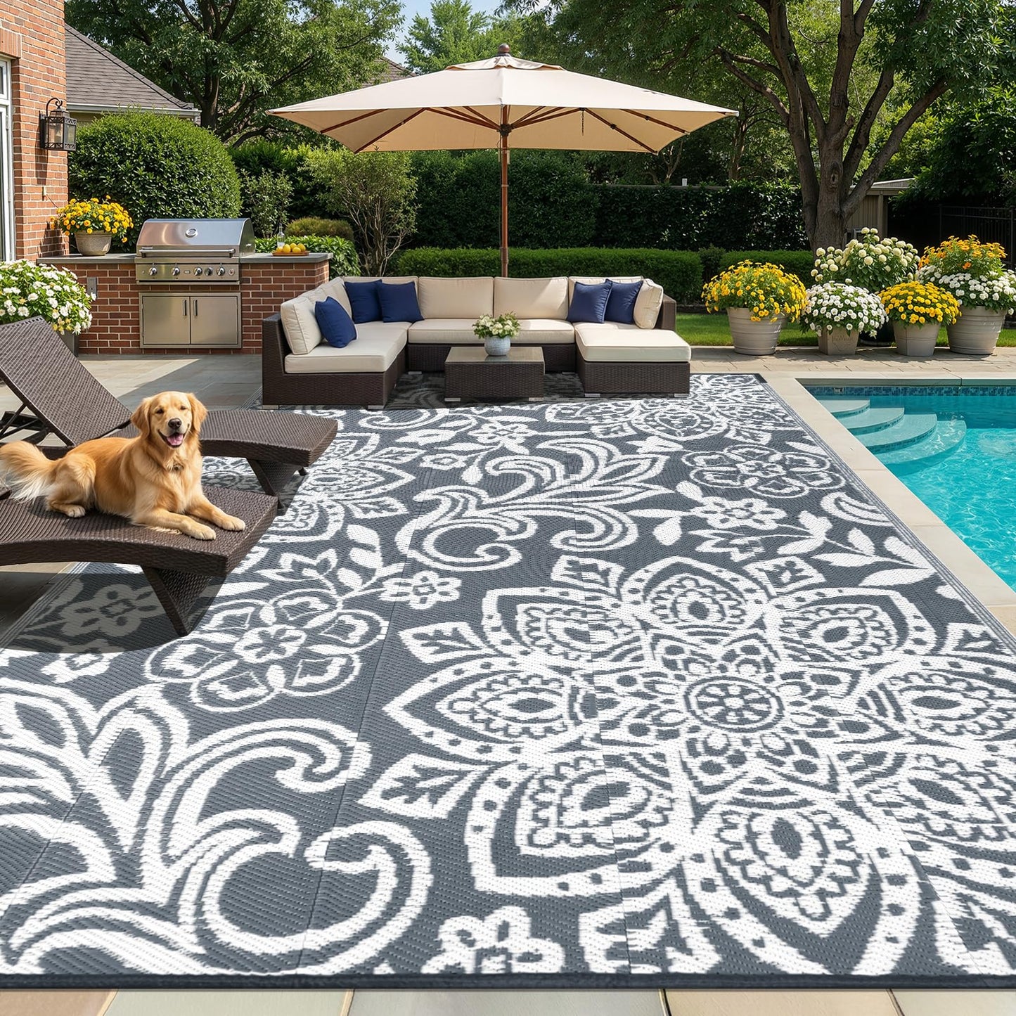 Findosom Waterproof Outdoor Rug 9' x 18' - Reversible Mandala Outdoor Plastic Straw Rug, Durable Foldable Patio Rug for RV, Deck, Balcony, Backyard, Picnic, Porch, Camping, Beach, Gray