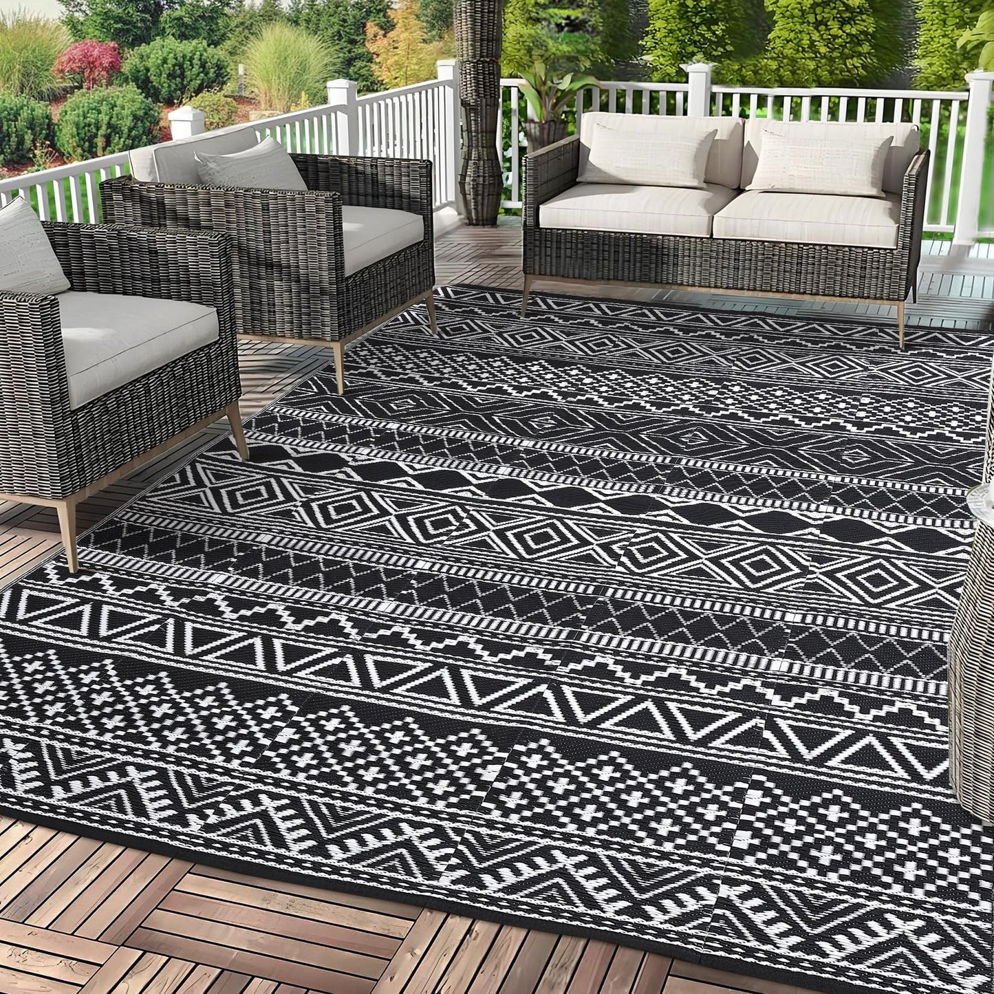 COZYLOOM Outdoor Rug 10' x 20' Waterproof for Patios Clearance, Reversible Outdoor Plastic Straw Camping Rug Carpet, Large Rugs Mats for RV, Camper, Deck, Balcony, Porch, Beach, Picnic,Black & White