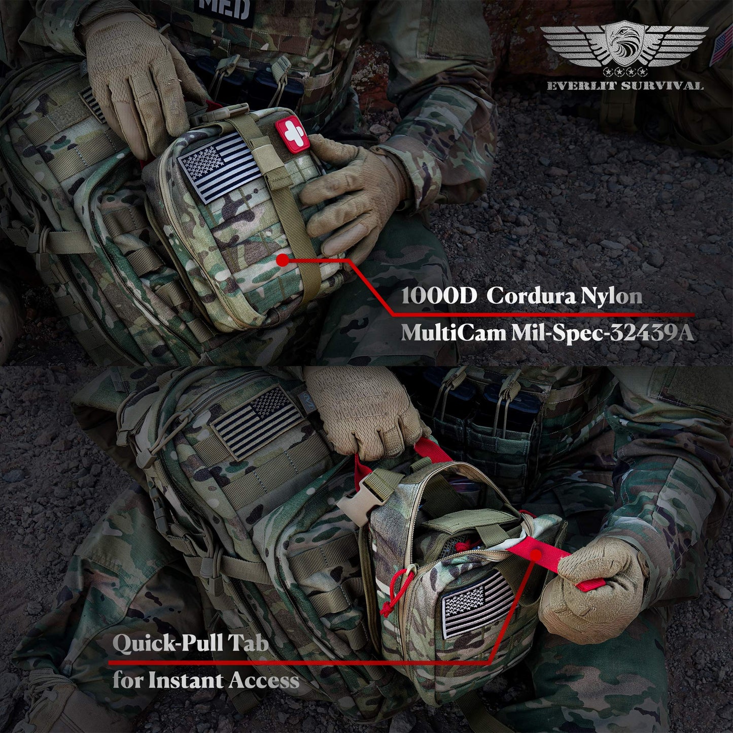 EVERLIT Advanced Emergency Trauma Kit, CAT GEN-7 Tourniquet Mil-Spec Nylon Laser Cut Pouch with 36" Splint, Military Combat Tactical IFAK for First Aid Response Bleeding Control (Multicam)