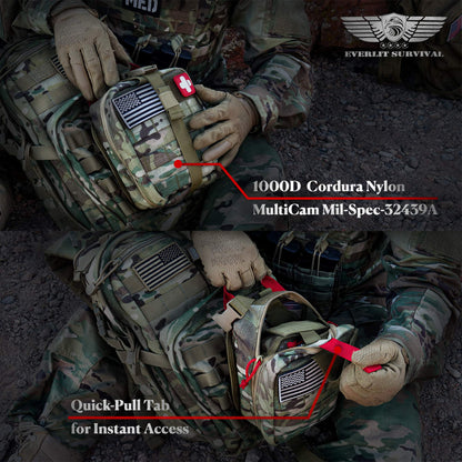 EVERLIT Advanced Emergency Trauma Kit, CAT GEN-7 Tourniquet Mil-Spec Nylon Laser Cut Pouch with 36" Splint, Military Combat Tactical IFAK for First Aid Response Bleeding Control (Multicam)