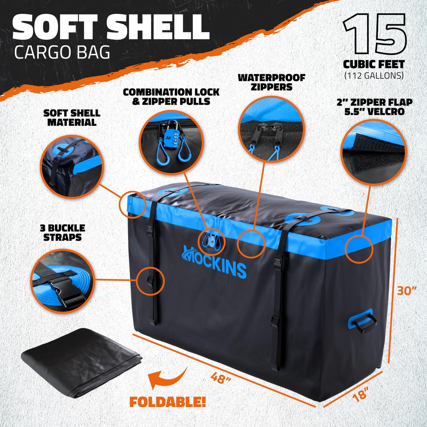 Mockins 2-in-1 Trailer Hitch Cargo Carrier Bench 48"x18"x6" w/ 15 CuFt Waterproof Truck Bed Storage Bag | 500 Lb Capacity Folding Cargo Hitch Carrier Tailgate Seat Bundle w/Stabilizer, Straps, & Lock