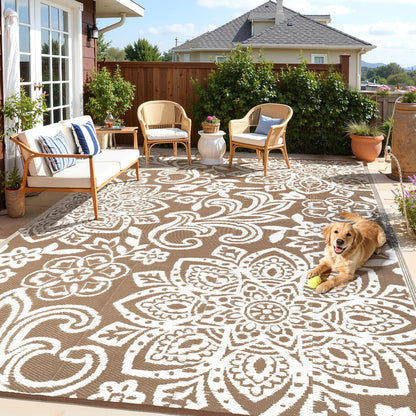 Findosom Waterproof Outdoor Rug 9' x 18' - Reversible Mandala Outdoor Plastic Straw Rug, Durable Foldable Patio Rug for RV, Deck, Balcony, Backyard, Picnic, Porch, Camping, Beach, Brown