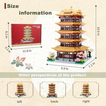 Chinese House Asian Architecture Micro Building Blocks Yellow Crane Tower for Adults - Decorative DIY Gift for Age of 14+