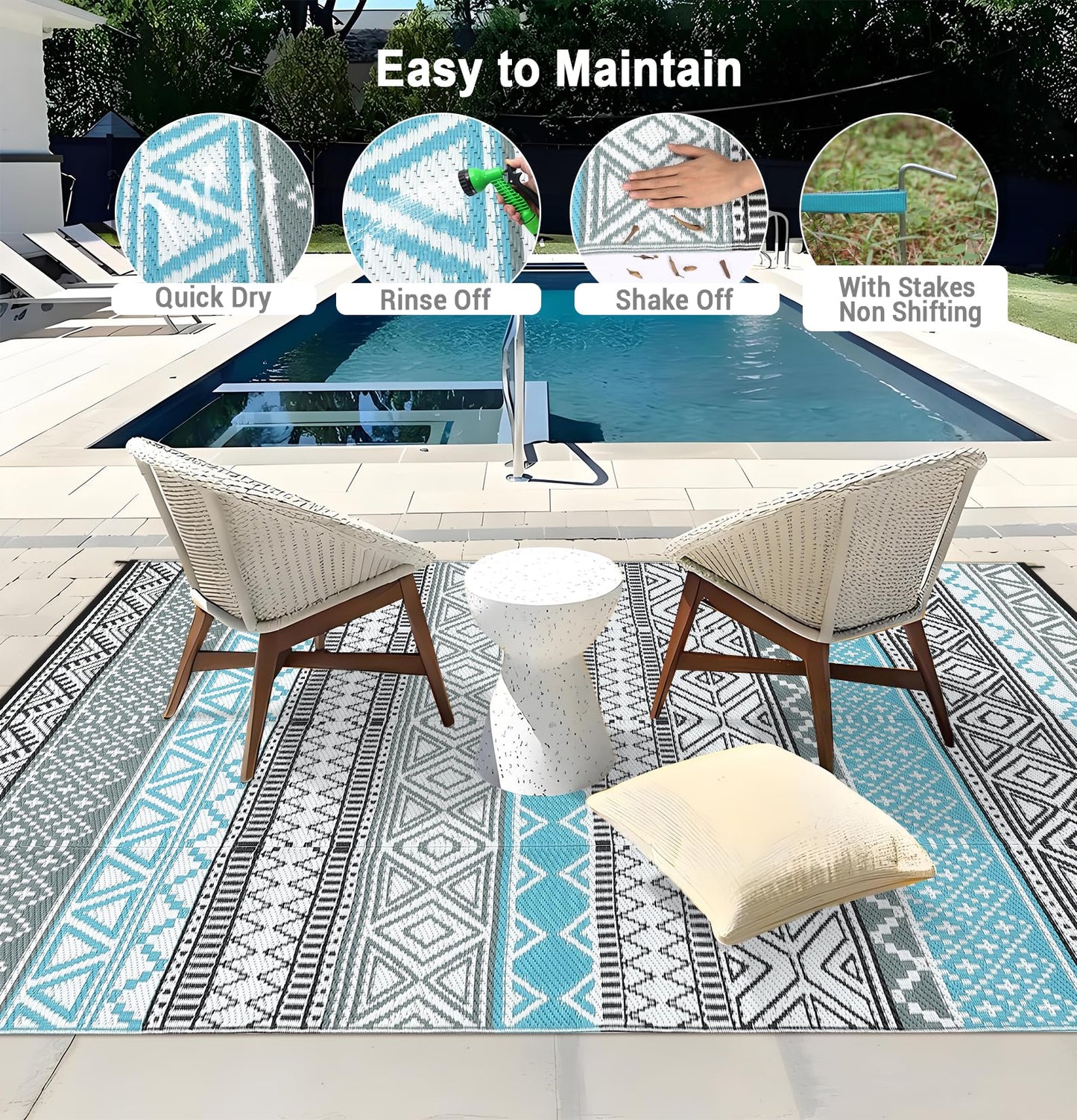GarveeHome Outdoor Rug for Patio Clearance,10x14 Waterproof Large Mat, Reversible Plastic Camping Rugs, Outside Rug for Rv, Porch, Deck, Camper, Balcony, Backyard, Blue/Grey