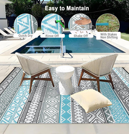 GarveeHome Outdoor Rug for Patio Clearance,10x14 Waterproof Large Mat, Reversible Plastic Camping Rugs, Outside Rug for Rv, Porch, Deck, Camper, Balcony, Backyard, Blue/Grey