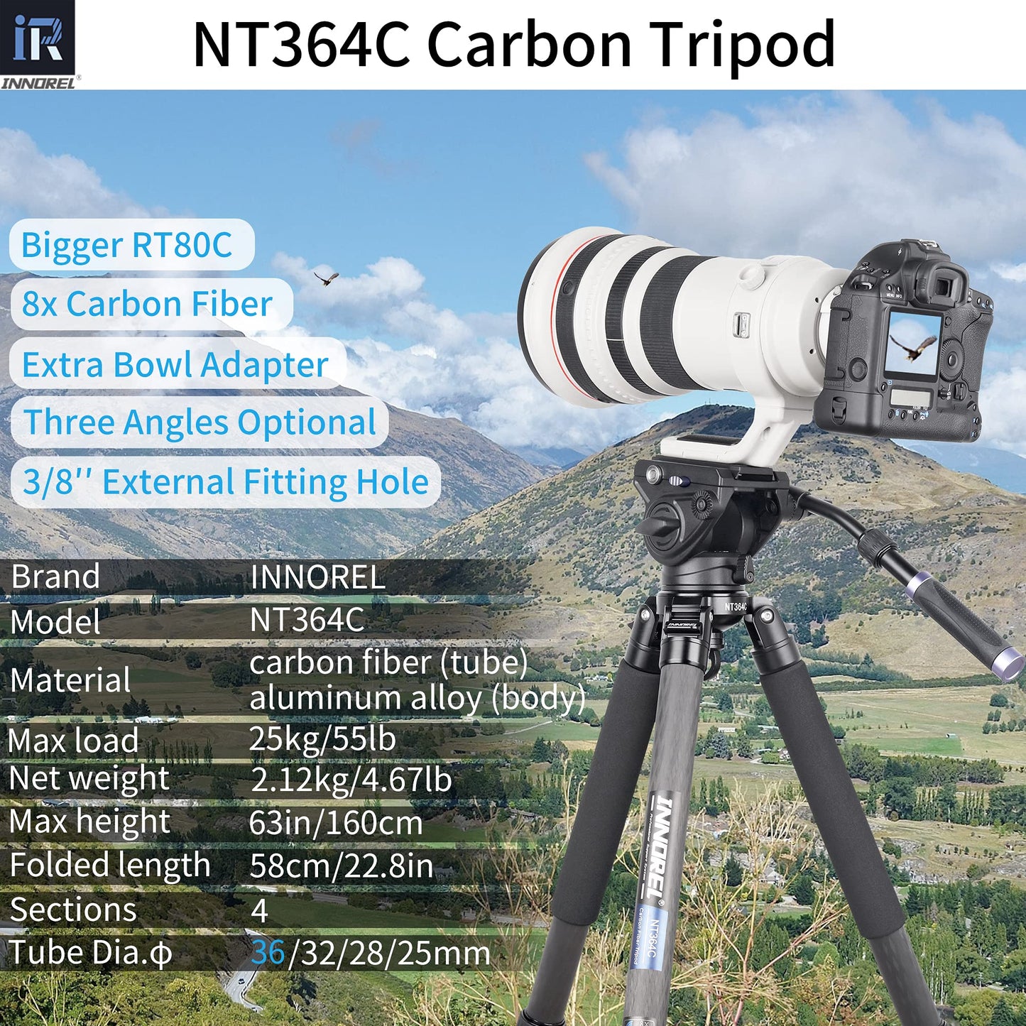 INNOREL NT364C Professional Carbon Fiber Tripod - Heavy Duty Camera Stand, 55lb/25kg Max Load, 75mm Bowl Adapter (Max Tube 36mm)