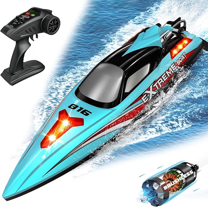 34+MPH Brushless RC Boat for Adults &amp Kids with 2 Rechargable Batteries- Large 19” Remote Control Boat Toy HJ816 Rc Speed Boats for Lakes &amp Rivers (Cyan)