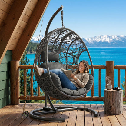 KEIKI Hanging Egg Chair with Stand Outdoor, 400LBS Capacity Patio Swing Chair with Cushion, Weatherproof PE Rattan Hammock Chair for Bedroom Balcony Garden, Waterproof Cover Included, Grey