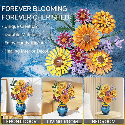 Flower Bouquet Building Blocks Set with Vase Mothers Day Mom Grandma Gifts 1065PCS Artificial Sunflower Botanical Nurse Teacher Appreciation Birthday Gifts for Wife Women Her Him Teen Girls Adults