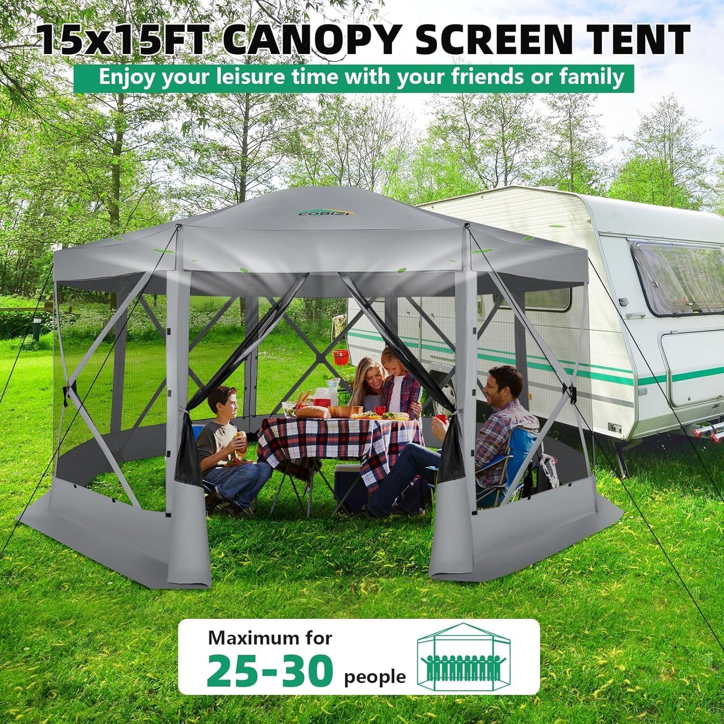 COBIZI Pop Up Gazebo Screen Tent Screen House for Camping, 15x15 Screen Room with Mosquito Netting, Hub Tent Instant Screened Canopy with Carrying Bag and Ground Stakes, Gray