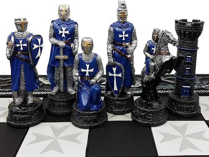 HPL Medieval Times Crusades Blue and White Armored Maltese Knights Chess Set with 17 Board