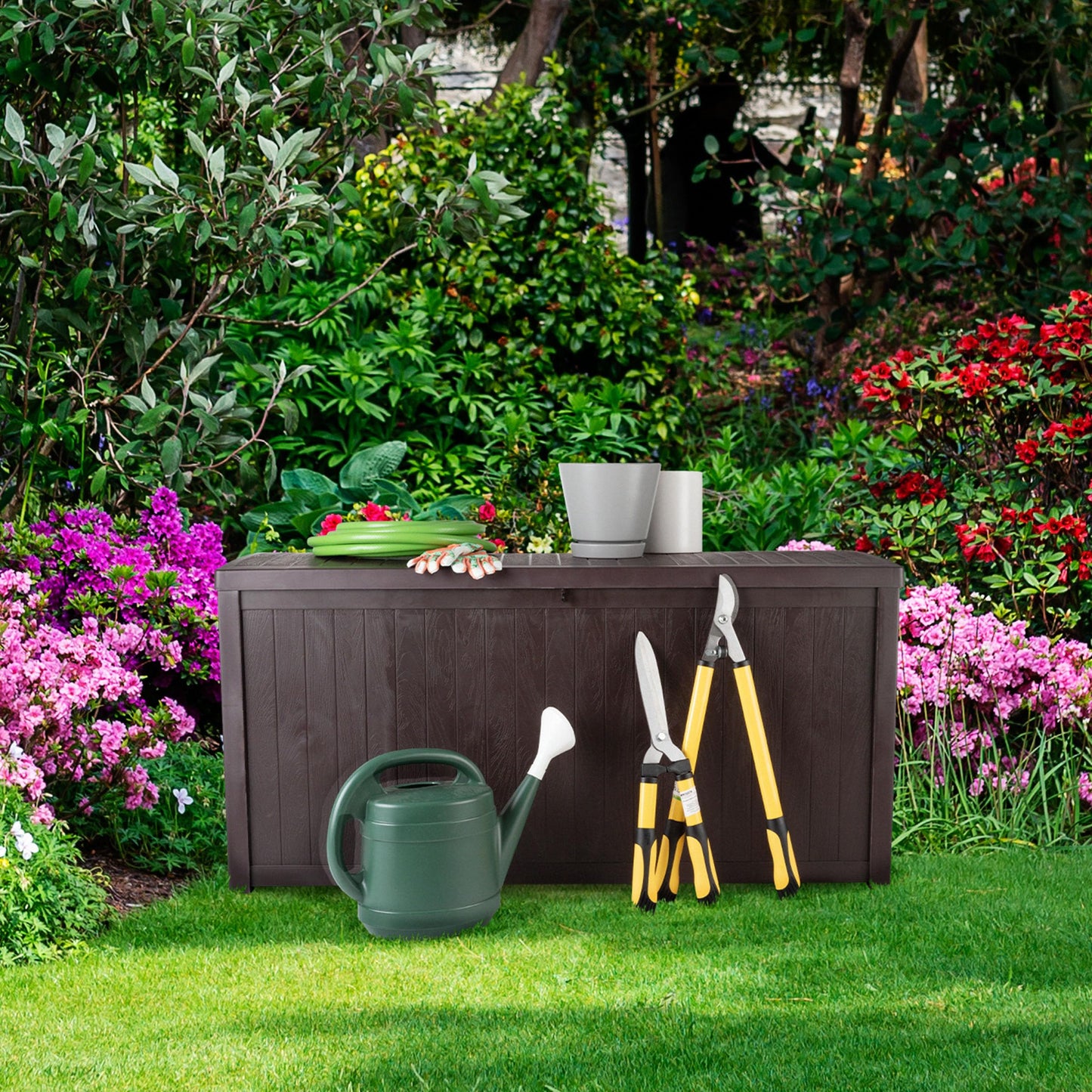 Outdoor Storage Box - 113 Gallon Lockable Deck Box for Pool Accessories, Patio Furniture Cushions, or Package Delivery Boxes for Outside - Deck Boxes Outdoor Waterproof by Pure Garden (Coffee)
