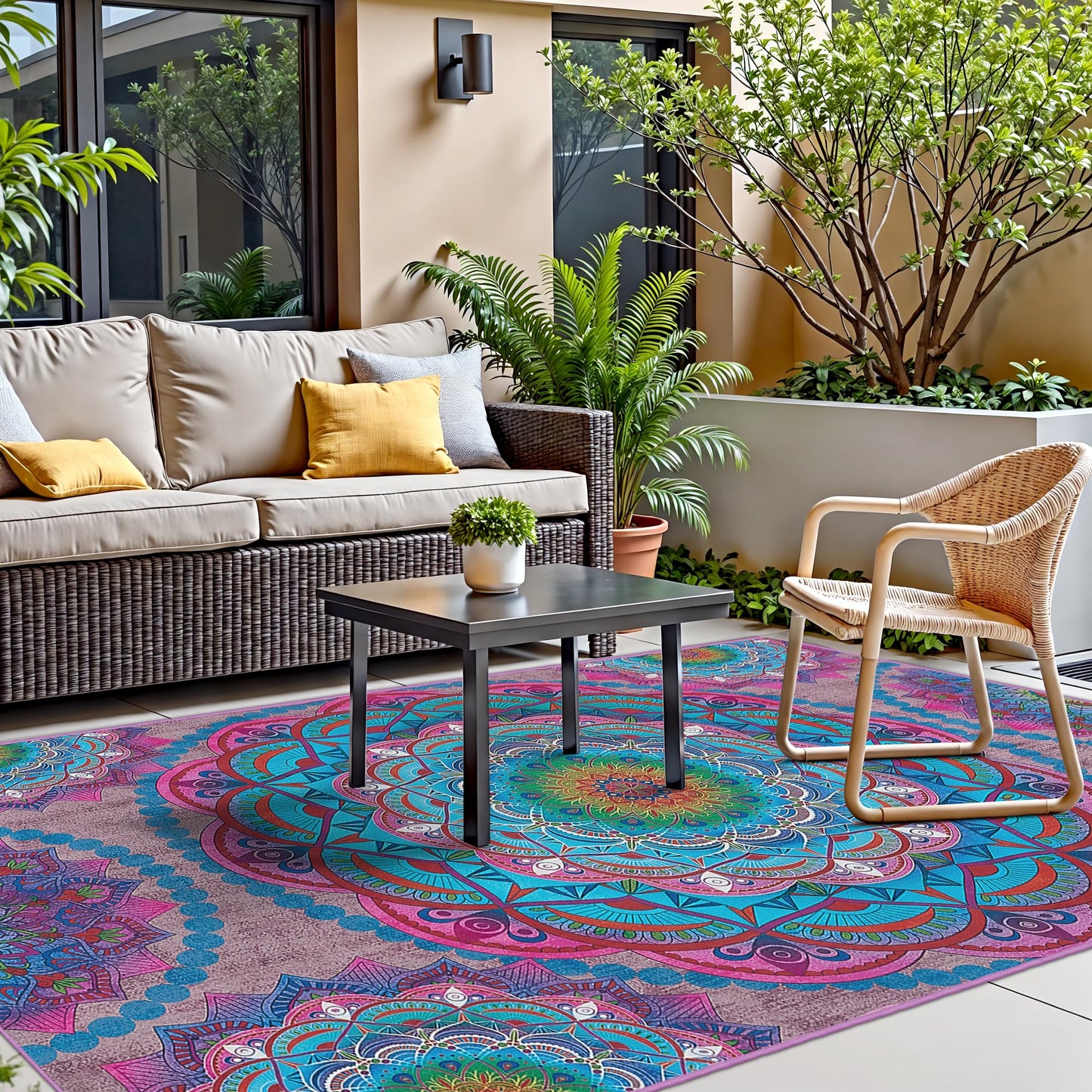 Arenarug Meditation Indoor Outdoor Rug 8x10 ft Mandala Pattern Rug Boho Style,Yoga Meditation Mat Picnic Rug for Patio Living Room Porch Garden Deck Backyard Easy to Clean Non Shedding Non-Slip